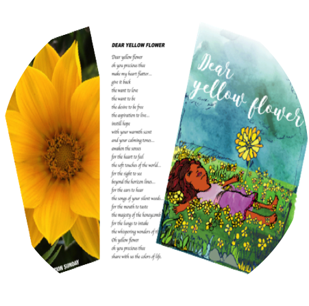 partnership photo showcasing the yellow flower that inspired the poem that then inspired the sketch/graphic of girl laying on a sunflower prairie field.